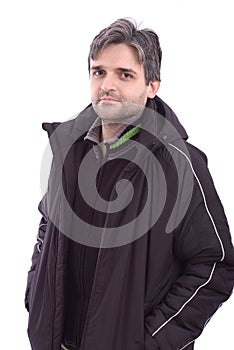 Man in winter jacket on white background photo