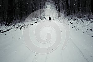 Man on winter road with snow and snowflakes falling