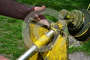 a man wipes a lawnmower of mowed green grass