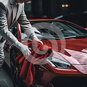 Man wiping down a shiny sleek red car with a cloth, AI-generated. photo