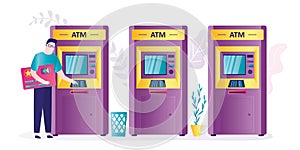 Man withdrawals or deposits cash to credit card in terminal. Concept of banking services, financial transactions. ATM services.