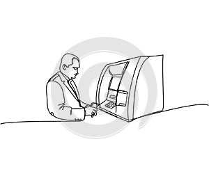Man withdrawing money from an ATM, cash machine, bank one line art. Continuous line drawing of bank, money, finance