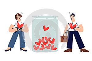 Man and woman act as donors collecting blood for people in need, standing near jar with hearts