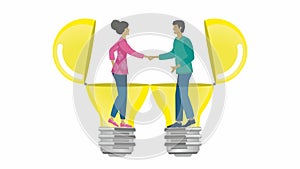 Man and woman in agreement about idea. Shaking hands in lightbulb. Isolated. Vector illustration.