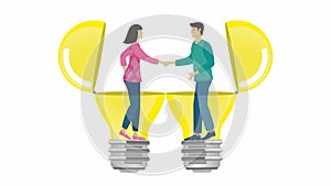 Man and woman in agreement about idea. Standing in lightbulbs and shaking hands. Vector illustration. Isolated.