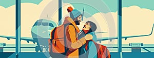 Man and woman in the airport travelling together. Flat illustration for web