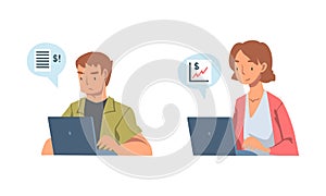 Man and Woman Analyzing Financial Profit Growth and Evaluating Revenue and Expense at Laptop Vector Set