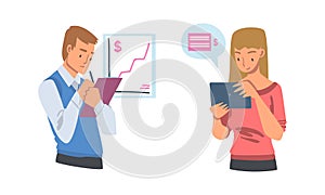 Man and Woman Analyzing Financial Profit Growth and Evaluating Revenue and Expense Vector Set