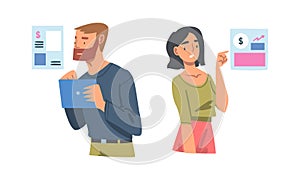 Man and Woman Analyzing Financial Profit Growth and Evaluating Revenue and Expense Vector Set