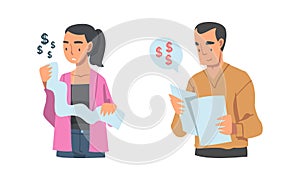 Man and Woman Analyzing Financial Profit Growth and Evaluating Revenue and Expense Vector Set