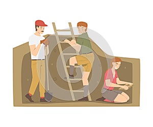 Man and Woman Archaeologist Working on Excavations in Search of Archaeological Remains Vector Illustration