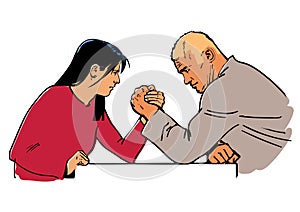 Man and woman arm wrestling.