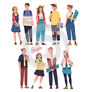 Man and Woman as Modern University Student Standing with Backpack Vector Set
