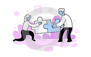 Man and woman assembling jigsaw puzzle together. Concept of teamwork, cooperation, business interaction, colleagues at