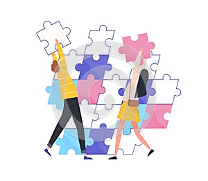 Man and woman assembling jigsaw puzzle vector flat illustration. Couple collaboration working on relationship or