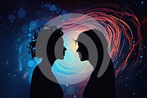 Man and woman astral silhouettes concept at cosmic background created with generative AI technology