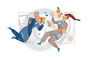 Man and Woman Astronaut Character in Outer Space in Spacesuit Flying on Space Shuttle Vector Illustration