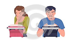 Man and woman authors typing on retro typewriters. Journalists using old styled classic typewriter cartoon vector