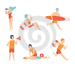 Man and Woman Beach Lifeguards with Megaphone, Lifebuoy and Binoculars Ensuring Safety Vector Set