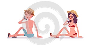 Man and woman in a beachwear sitting and phonetalking