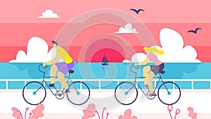 Man and Woman on Bike Ride Along Coast Cartoon