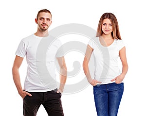 Man a woman in blank white tshirt, isolated on white background