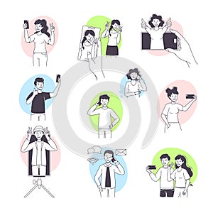 Man and Woman Blogger Character with Smartphone Making Internet Content Vector Set