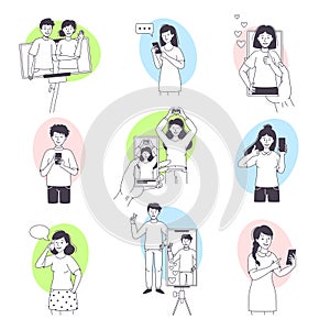 Man and Woman Blogger Character with Smartphone Making Internet Content Vector Set