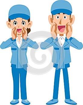 Man and woman in blue work clothes calling out loud