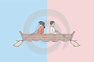 Man and woman in boat row in different directions