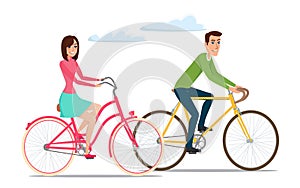 Man and woman, boy and girl riding sport bikes. Family outdoor