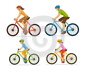 Man , woman, boy and girl riding sport bikes. Family outdoor activity