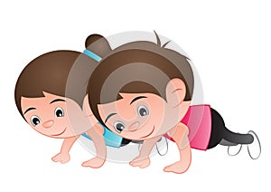 Man and woman Bubble big head cartoon push up for healthy and go