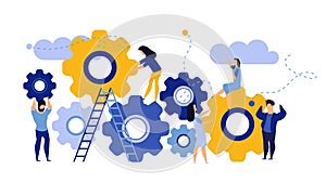 Man and woman business organization with circle gear vector concept illustration mechanism teamwork. Skill job cooperation photo