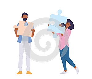Man and woman business people isolated cartoon characters holding puzzle parts jigsaw pieces