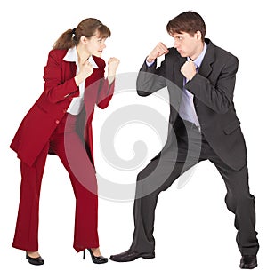 Man and woman in business suits are going to fight