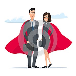 Man and woman business superheroes. Cartoon Super businessman