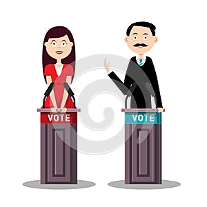 Man and Woman Candidates with Lecterns and Vote Symbols Vector Cartoon. photo