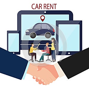 Man, woman and car dealer. Online deal making. Rent a car. Business handshake. Vector illustration in flat style of the