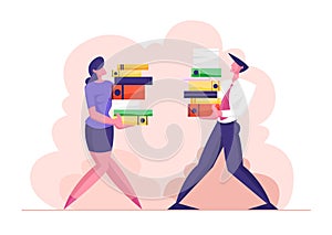 Man and Woman Carry Big Heap of Documents Files. Business People Characters, Office Employee at Work, Very Busy Day