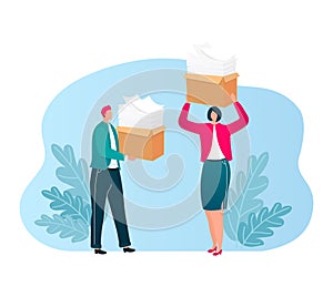 Man and woman carry heavy boxes of papers, office workload concept. Overworked employees with documents, busy office