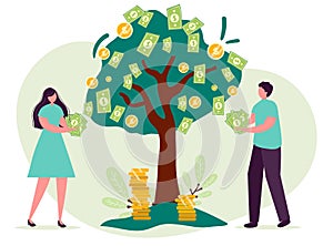 Man woman cartoon character, concept of Growing company. tree money grow. family Businessmen teamwork. Business