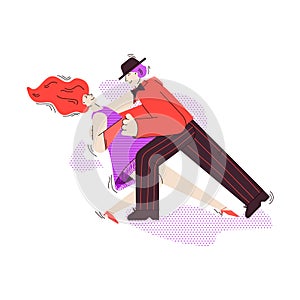 Man and woman cartoon characters dancing tango flat vector illustration isolated.