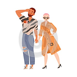 Man and Woman in Casual Wear Waiting or Standing in Queue or in Line for Nightclub Vector Illustration