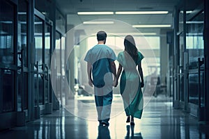 A man and a woman casually stride down a well-lit hallway in an undisclosed location, Surgeon and Female Doctor Walk Through