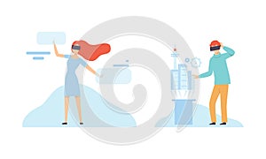 Man and Woman Character with Augmented Reality Glasses Using Wireless Digital Technology Vector Set