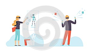 Man and Woman Character with Augmented Reality Glasses Using Wireless Digital Technology Vector Set