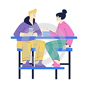 Man and Woman Character at Cafe Table with Coffee Enjoying Aromatic Drink Vector Illustration