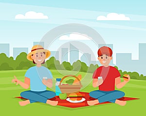 Man and Woman Character Camping Sitting at Nature Having Picnic Eating Food Vector Illustration