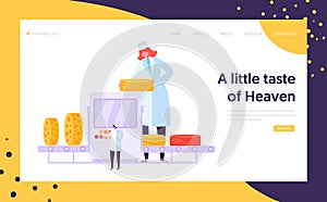 Man Woman Character at Cheese Packing Factory Line Landing Page. Organic Milk Food Making Concept. Pasteurization Machine